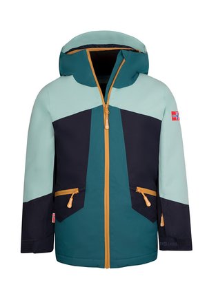 Mehrfarbige Jacke in einer Kombination aus Türkis, Marineblau und Minzgrün. Wasserabweisendes Material, frontaler Reißverschluss, zwei Reißverschlusstaschen und eine Kapuze.