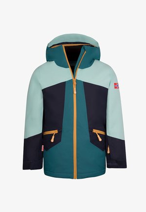 Multicolored jacket featuring a mix of teal, navy, and mint green. Waterproof material, front zipper, two zippered pockets, and a hood.