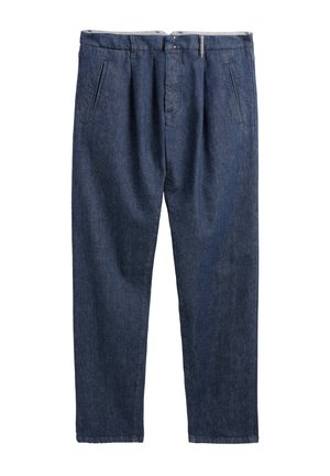 Dark blue denim pants with front pockets, belt loops, and a button fly, displayed against a white background.