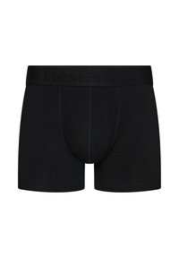 Black boxer briefs made of soft cotton, featuring a branded elastic waistband and a snug fit with reinforcing stitching.