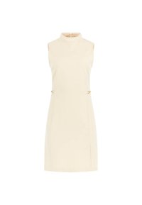 Robe sans manches crème avec un col haut, ornée d'embellissements sur le côté, d'une fermeture éclair dissimulée à l'arrière et d'une silhouette épurée.