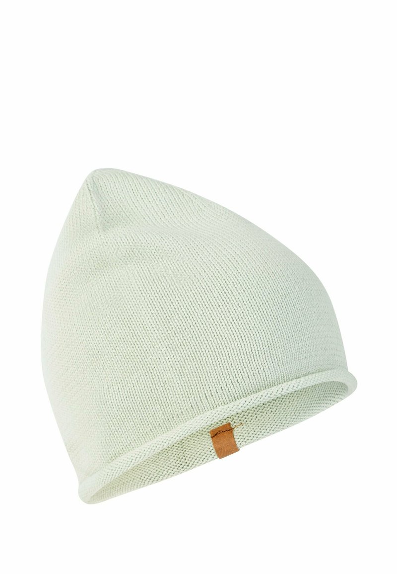 Gebreide beanie in lichtgroen met een gestructureerd patroon. Bevat een opgerolde zoom en een klein tan leren accent aan de zijkant.