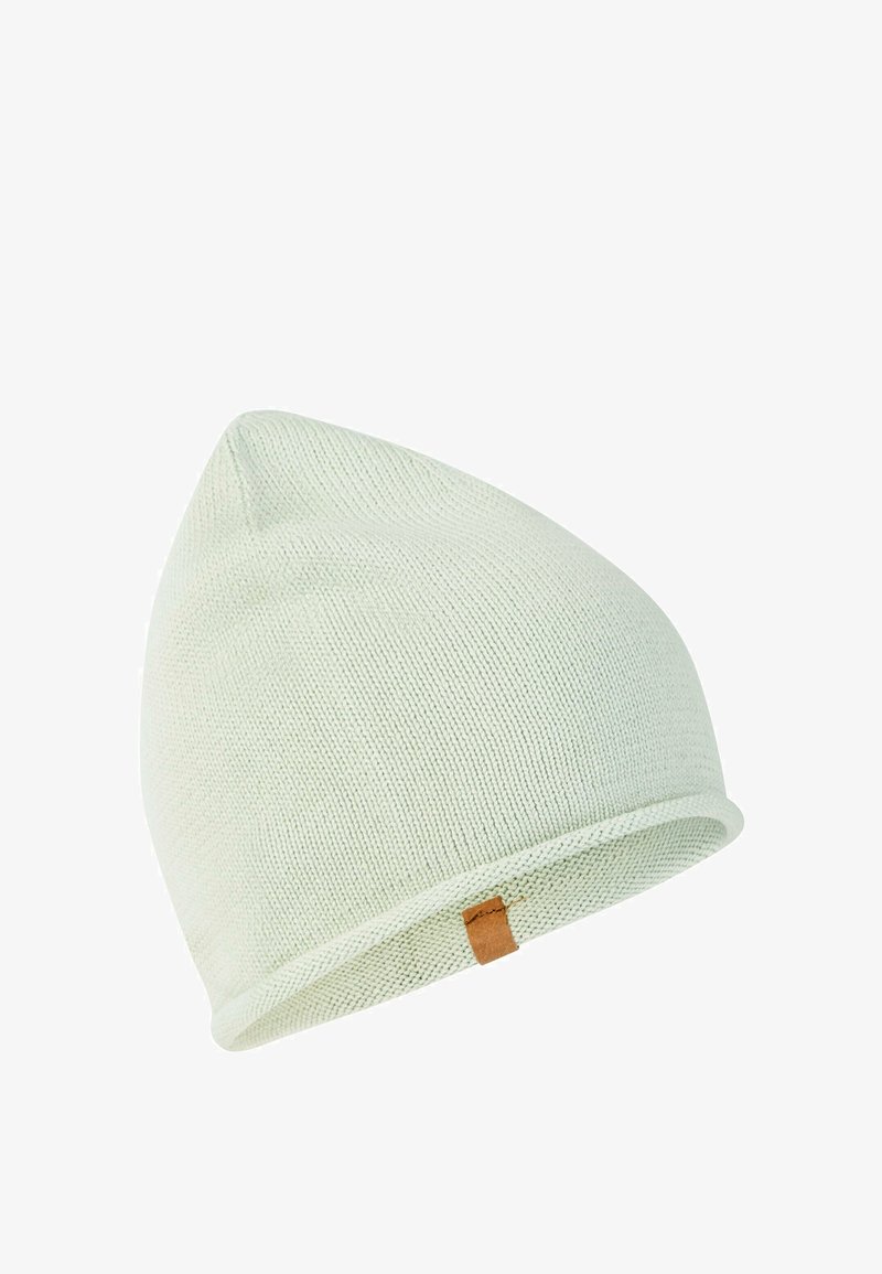 Gebreide beanie in lichtgroen met een gestructureerd patroon. Bevat een opgerolde zoom en een klein tan leren accent aan de zijkant.
