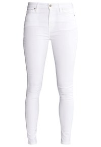 Valkoiset stretch-farkut slim fit -mallissa, joissa on korkea vyötärö, viisi taskua ja metallinen nappisuljenta. Sileä kangas ja tyylikäs siluetti.