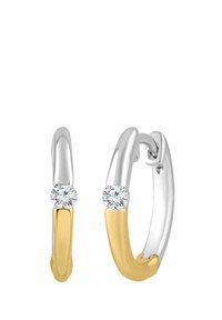 Kolczyki koła ze srebra i złota o gładkim wzorze, ozdobione dwoma okrągłymi, przezroczystymi diamentami dla dodatkowego efektu.