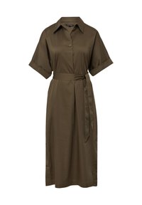 Olivgrünes Hemdkleid mit kurzen Ärmeln, Kragen, Knopfschluss und einem Bindegürtel. Glatter Stoff mit seitlichen Schlitzen.
