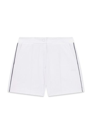 Pantalones cortos blancos texturizados con bolsillos delanteros, cierre de botón y finas rayas negras a lo largo de los laterales exteriores.