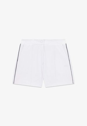 Pantalones cortos blancos texturizados con bolsillos delanteros, cierre de botón y finas rayas negras a lo largo de los laterales exteriores.