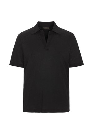Zwart polohemd met korte mouwen, kraag en een kleine V-halsopening, getoond op een effen witte achtergrond.