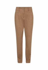 Rjave hlače z črtami in prilagojenim krojem, z dvema sprednjima gumboma, žepi in gladko teksturo tkanine.