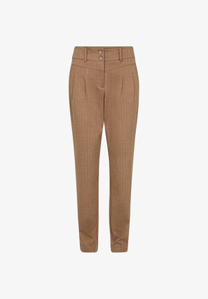 Brūni svītraini bikses ar pielāgotu piegriezumu, kas satur divus priekšējos pogas, kabatas un gludu auduma faktūru.