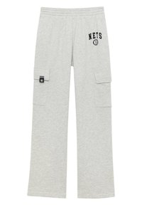 Hellgraue Jogginghosen aus einem Baumwoll-Mischgewebe, ausgestattet mit seitlichen Cargo-Taschen und einem schwarzen "NETS"-Logo. Elastischer Bund für zusätzlichen Komfort.