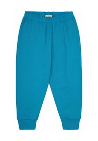 Turquoise joggingbroek met een elastische tailleband, taps toelopende enkels en een gladde katoenstoffen. Geen zichtbare patronen of extra details.