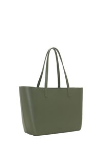 Olive green rectangularna torba na ramię z dwiema długimi uchwytami, gładką fakturą i minimalistycznym designem, lekko nachylona w prawo.