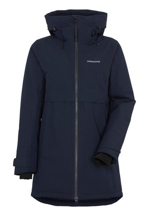 Parka imperméable bleu marine avec fermeture éclair à l’avant, capuche à cordon de serrage et poignets élastiques. Comprend un logo sur la poitrine et un design à rabat.