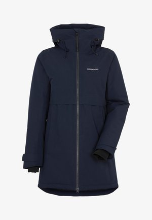 Parka imperméable bleu marine avec fermeture éclair à l’avant, capuche à cordon de serrage et poignets élastiques. Comprend un logo sur la poitrine et un design à rabat.