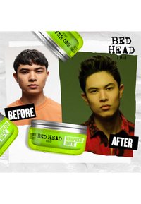 Young man before and after styling hair with Bed Head Manipulator Matte hair product, showing textured matte finish and volume.
