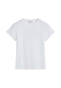 White short-sleeve t-shirt made of soft cotton, featuring a round neckline and a simple, unembellished design.