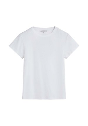 Camiseta blanca de manga corta hecha de algodón suave, con un escote redondo y un diseño sencillo, sin adornos.
