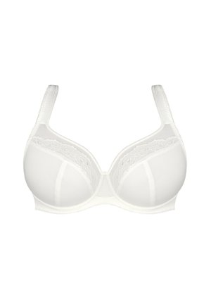 Fehér csipkeborítású melltartó sima, matt felülettel. Támogatja a merevítős szerkezet, széles pántokkal és varrat nélküli kialakítással a kényelem érdekében.