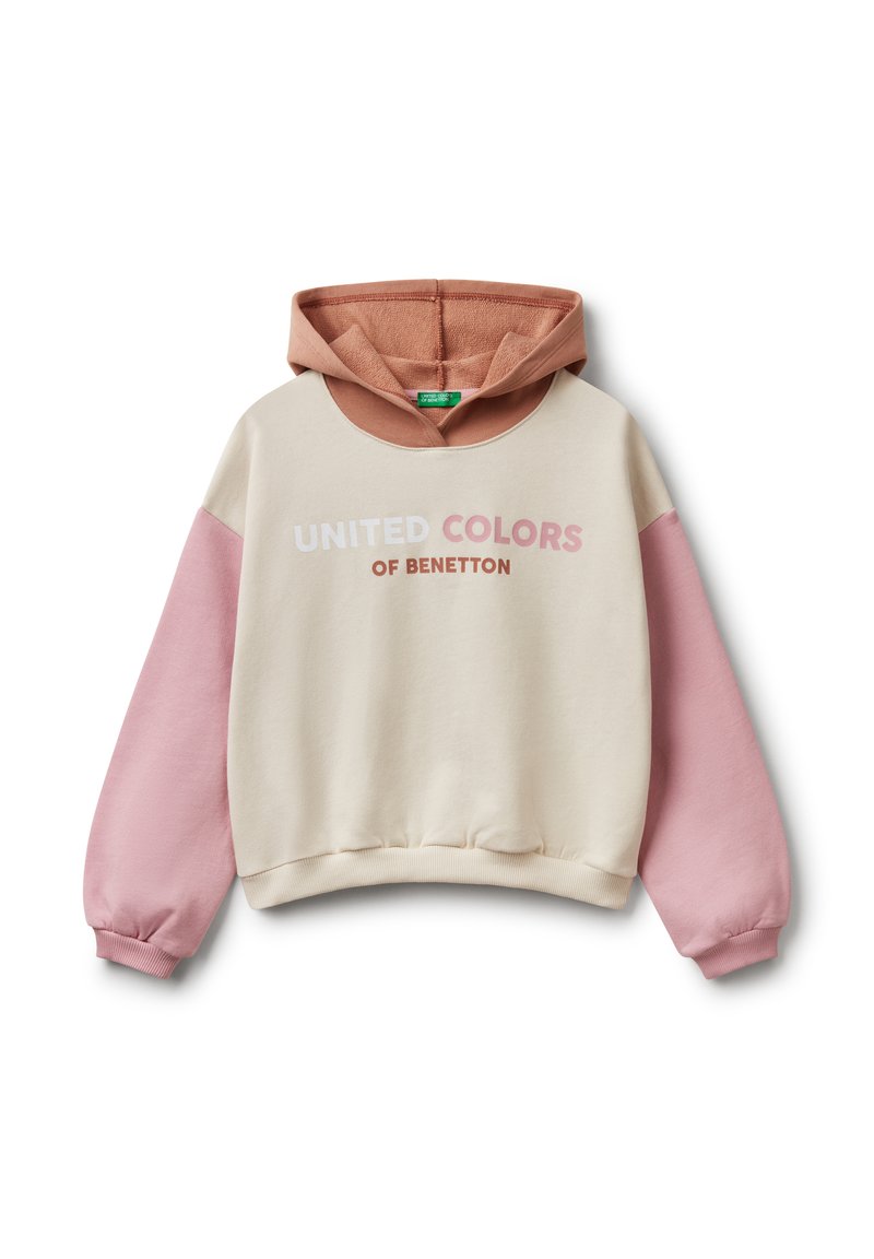 Cream and pink hooded sweatshirt with a round neckline, ribbed hem, and large "UNITED COLORS OF BENETTON" text across the front. Soft texture.