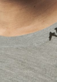 Grauer Baumwollpullover mit Rundhalsausschnitt, glatter Textur und dezenten Nähten am Halsauschnitt und an den Schultern. Keine sichtbaren Muster.