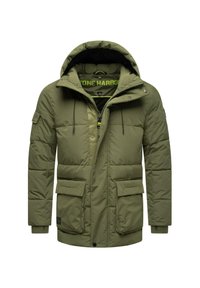 Giacca a vento verde oliva con cappuccio, dotata di due tasche frontali, cordino regolabile e design dell'etichetta interna a contrasto.