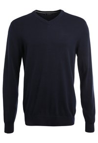 Pull col en V bleu marine en tissu en maille douce. Caractérisé par des manches longues et un logo discret sur la poitrine, avec une texture lisse.