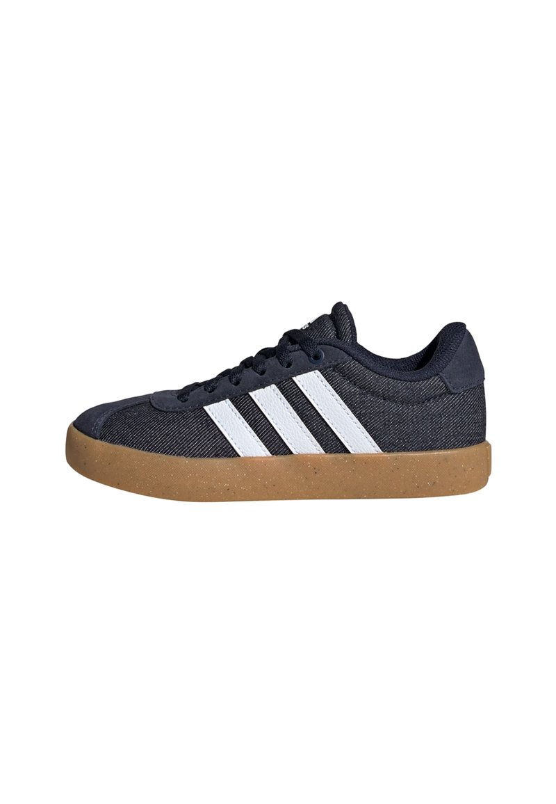 Navy fabric sneaker with white three-stripe detail, rounded toe, and a gum rubber outsole. Low profile design with lace-up closure.