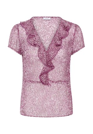 Blouse transparente à manches courtes avec imprimé abstrait violet et col en V volanté, tissu léger et design féminin.