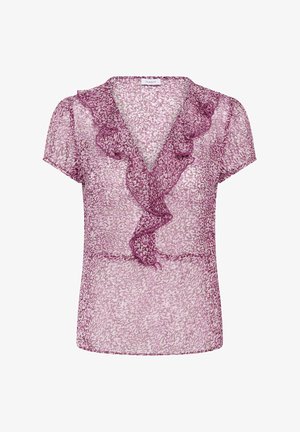 Blouse transparente à manches courtes avec imprimé abstrait violet et col en V volanté, tissu léger et design féminin.