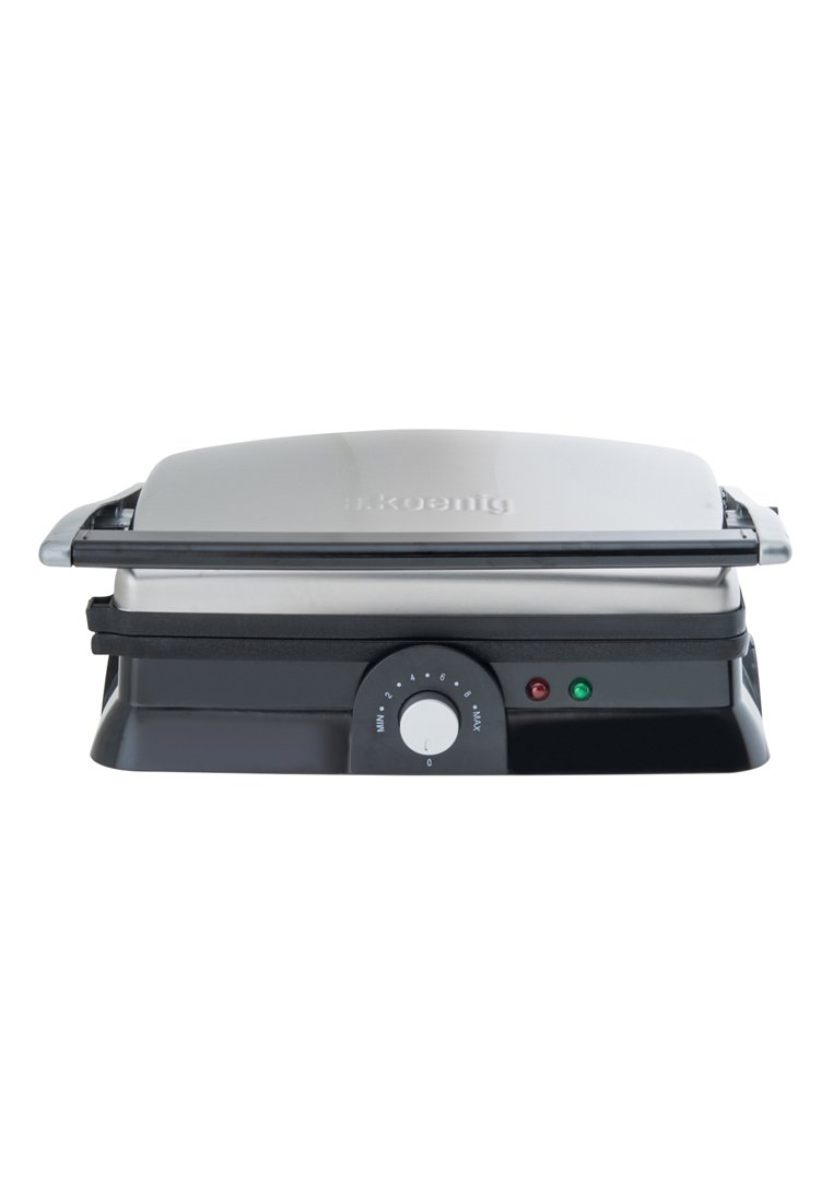 Elektrischer Grill mit einer silbernen Edelstahloberfläche und schwarzem Boden. Verfügt über ein Temperaturwahlrad und zwei Kontrollleuchten für den Betriebsstatus.