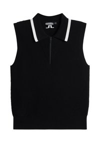 Black sleeveless sweater with a white striped collar, featuring ribbed texture and a front zipper. Side detailing adds dimension to design.