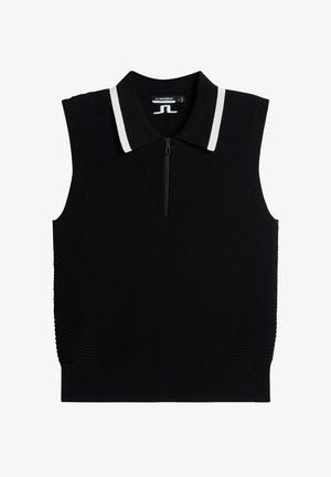Zwarte mouwloze trui met een witte gestreepte kraag, voorzien van ribbelstructuur en een rits aan de voorkant. Het zijdetail voegt diepte toe aan het ontwerp.
