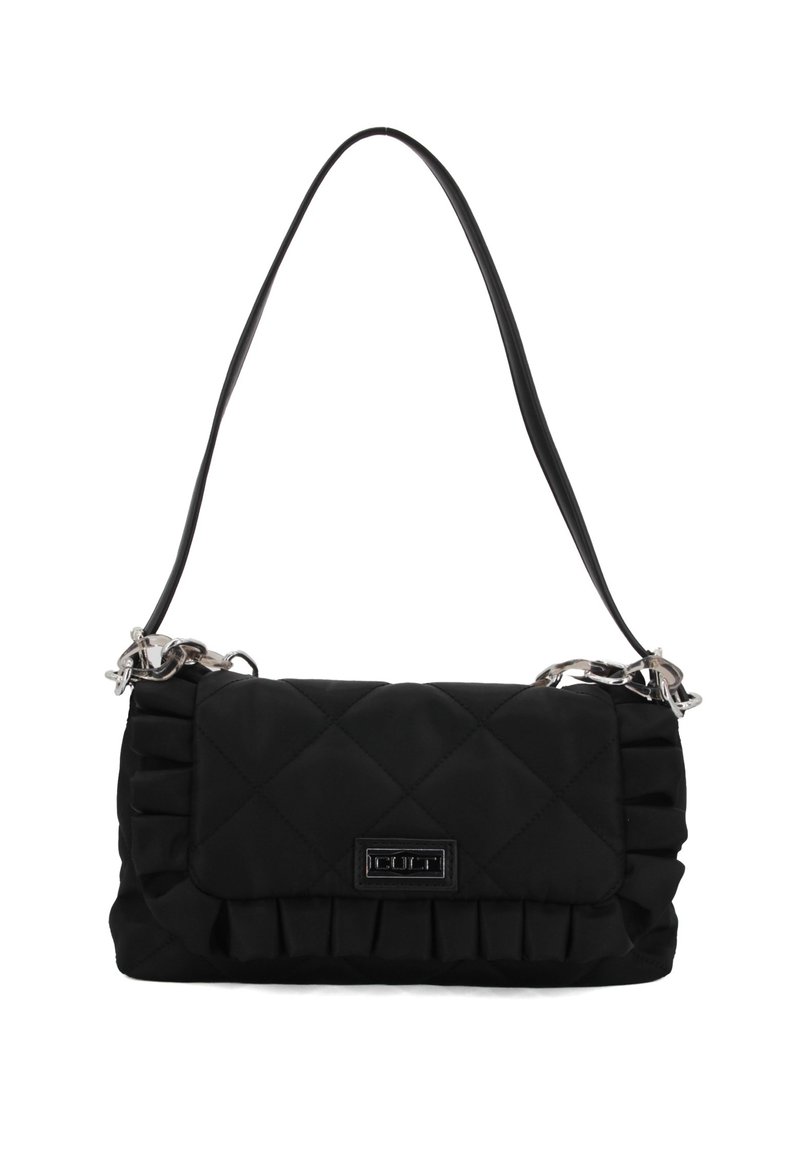 Borsa a spalla nera trapuntata con dettagli arricciati, hardware argentato e una tracolla elegante; forma rettangolare con chiusura a pattina.