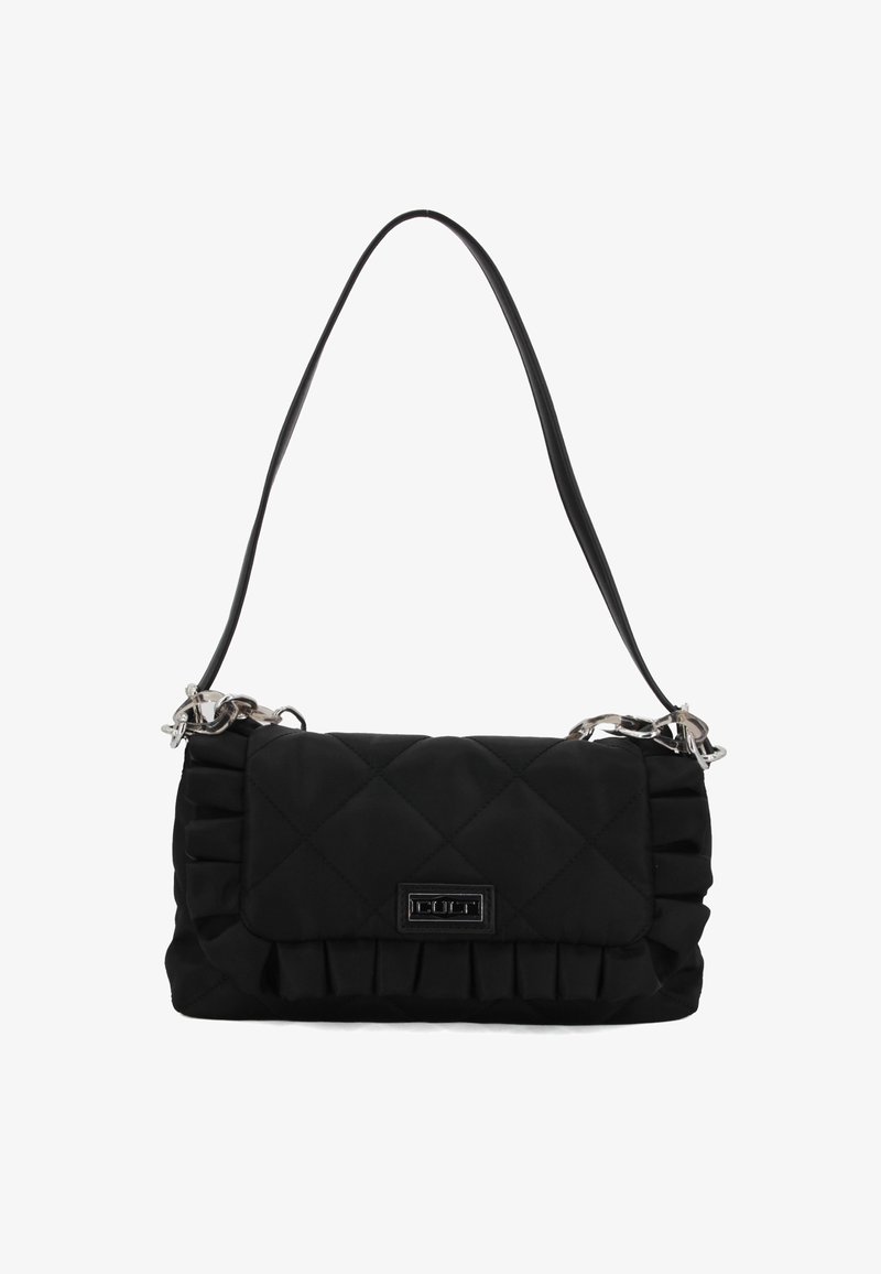 Borsa a spalla nera trapuntata con dettagli arricciati, hardware argentato e una tracolla elegante; forma rettangolare con chiusura a pattina.