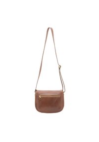 Borsa a tracolla in pelle marrone con tasca frontale con zip, design piatto, tracolla regolabile e dettagli di cucitura visibili lungo i bordi.