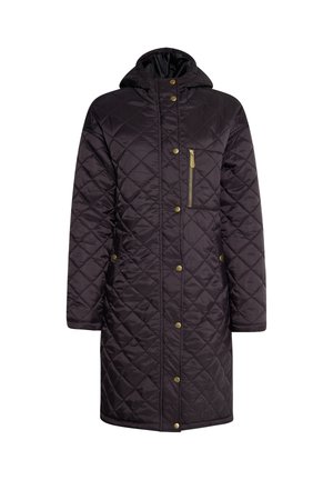 Quiltet sort pufferjakke med hætte, der har guldhardware, en lynlås lomme, trykknapper og lange ærmer, velegnet til koldt vejr.