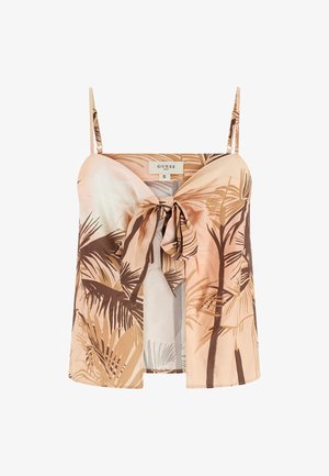 Ärmelloses Top mit beigem und braunem Tropenmuster, dünnen Trägern und einer Schleife vorne, Größe S, Marke Guess.