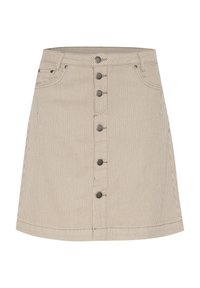 Jupe en denim rayée beige avec une forme évasée, dotée d'une fermeture à boutons à l'avant, de deux poches latérales et de détails de couture subtils.