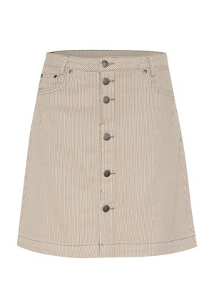 Jupe en denim rayée beige avec une forme évasée, dotée d'une fermeture à boutons à l'avant, de deux poches latérales et de détails de couture subtils.