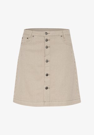 Beige gestreepte denim rok met een uitlopende vorm, voorzien van een sluiting met knopen aan de voorkant, twee zijzakken en subtiele stikdetails.
