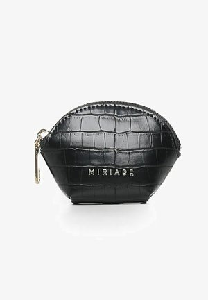 Black crocodile-embossed faux leather pouch with rounded shape, zip closure, and gold-toned "MIRIADA" logo on the front.