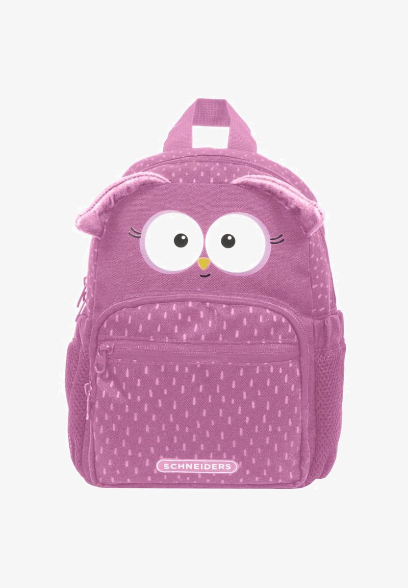 Rosa Rucksack mit Eulendesign, der große Augen, Filzverzierungen an den Ohren und eine strukturierte Oberfläche mit weißen Punktmustern aufweist. Zwei Reißverschlusstaschen.
