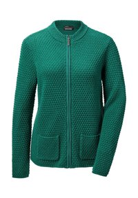 Groene gebreide cardigan met een ronde hals, voorrits en twee voorkruiszakken. Textuur materiaal met een patroonweving.