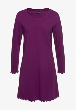 Langes lila Kleid mit langen Ärmeln, runder Ausschnitt und gewellten Kanten an den Ärmeln und dem Saum. Hergestellt aus weichem, leichtem Stoff.