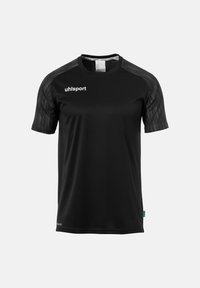 Sort atletisk t-shirt lavet af glat stof, med korte ærmer med strukturerede detaljer og rund hals. Logoet er trykt på fronten.