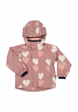 Pink børne regnjakke med hætte med hvide og lyserøde hjerte mønstre og elastiske ærmekant.