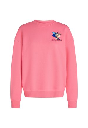 Rosa sweatshirt i mjuk bomullsblandning, med rund halsringning, nedhasade axlar, ribbade ärmslut och en broderad grafiik på bröstet.