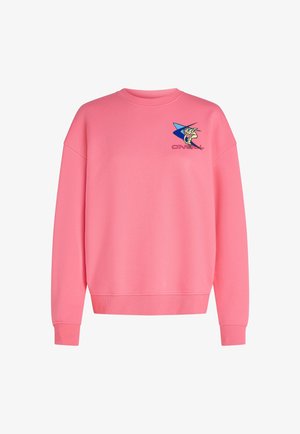 Rosa sweatshirt i mjuk bomullsblandning, med rund halsringning, nedhasade axlar, ribbade ärmslut och en broderad grafiik på bröstet.